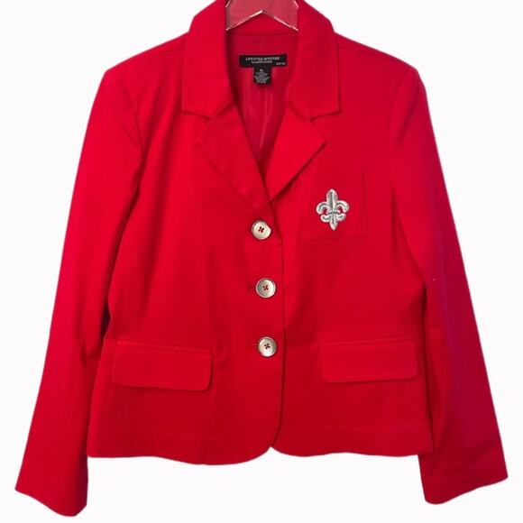 Vintage Jackets & Blazers - Vintage 90s Lifestyle Attitude Petite Red Blazer with Fleur De Lis Sz LP